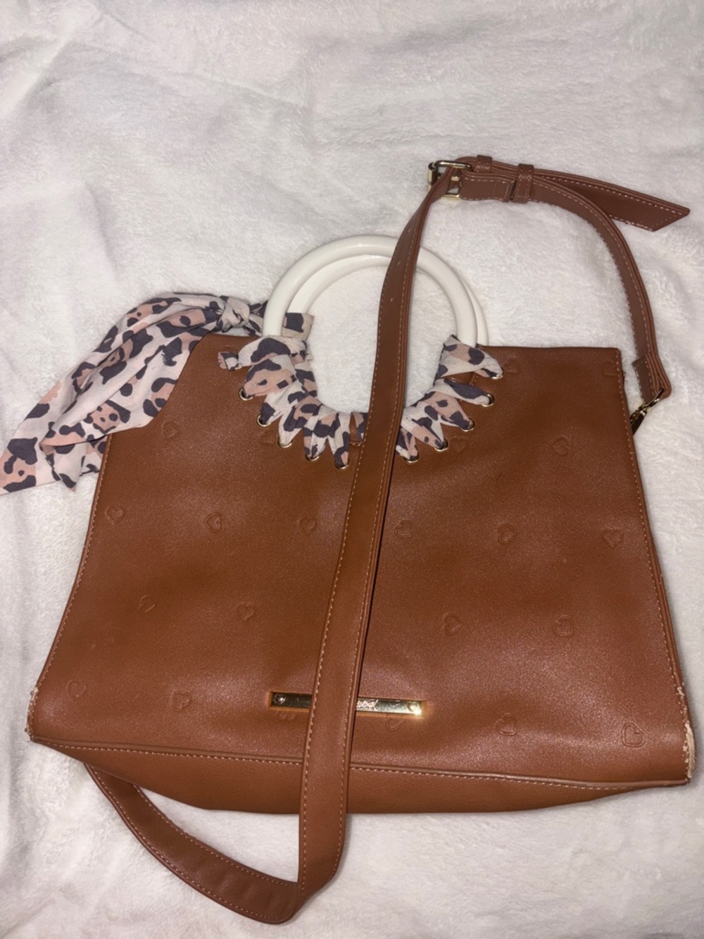 Betsy Johnson Leather-Look Brown Tote Bag with White Handles